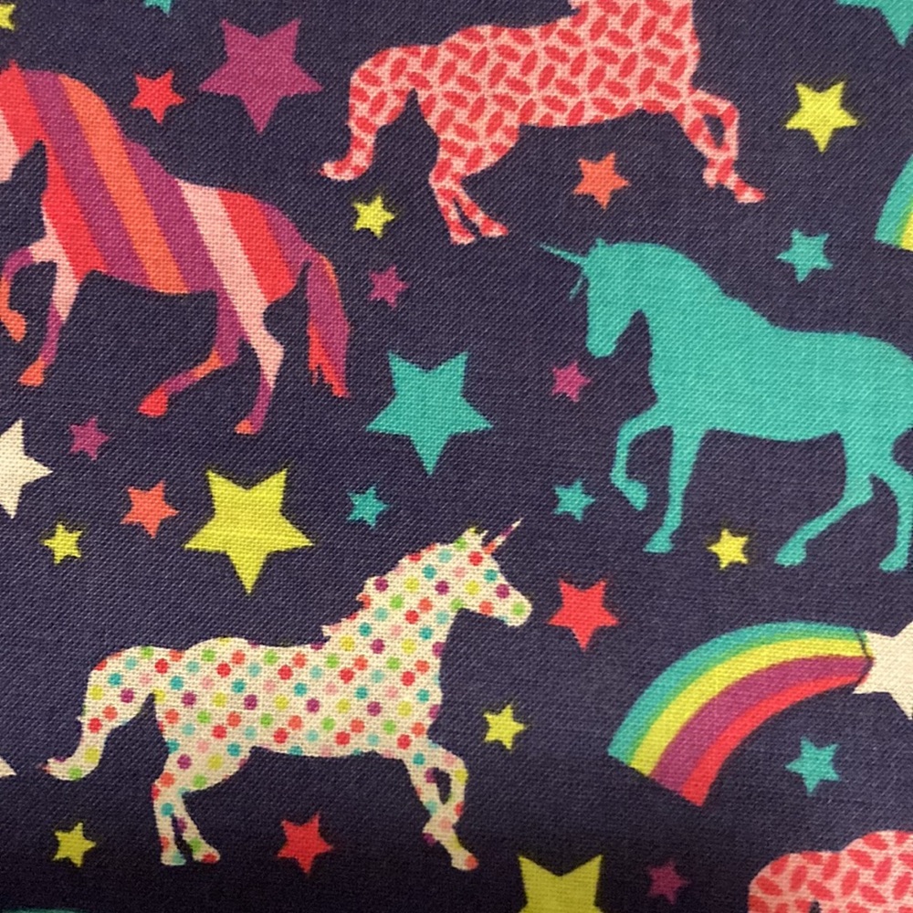 Multicolored RAINBOWS & UNICORNS on Navy Blue :4 yard piece 100% Cotton Fabric